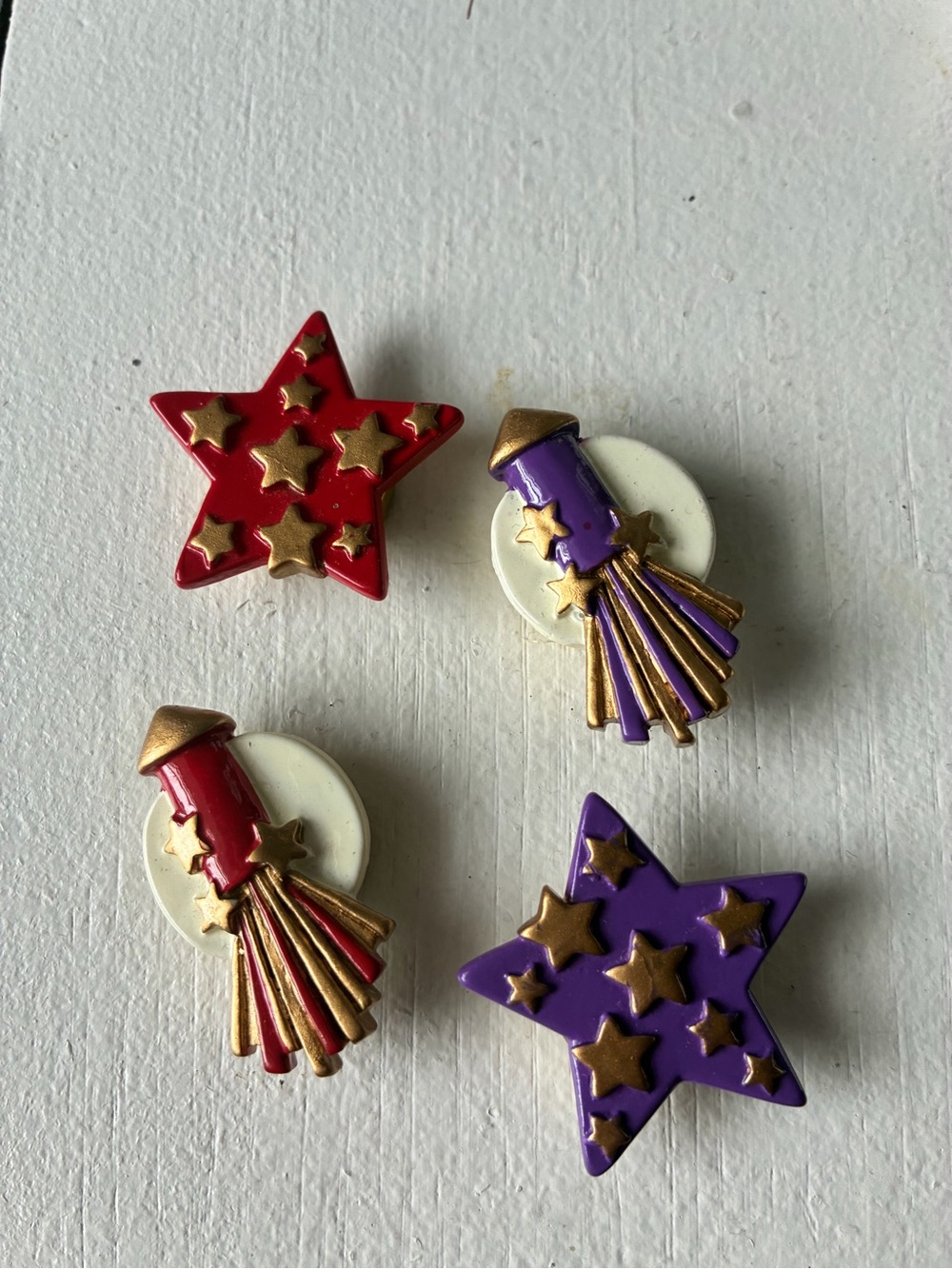 Vintage Handmade Button Covers Set of 4 Stars Rockets Comets Purple Red Gold